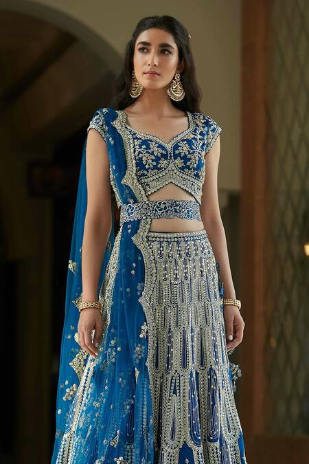 Shop Osaa By Adarsh Blue Organza Silk V Neck Hand Embroidered Bridal Lehenga Set at Aza Fashions Shop_Osaa By Adarsh_Blue Organza Silk V Neck Hand Embroidered Bridal Lehenga Set_at_Aza_Fashions