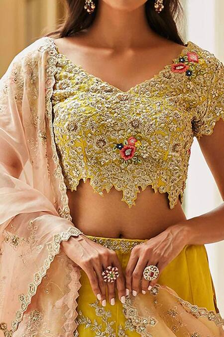 Buy_Osaa By Adarsh_Yellow Organza Silk V Neck Hand Embroidered Bridal Lehenga Set_Online_at_Aza_Fashions