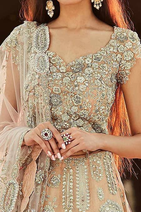 Osaa By Adarsh_Peach Tissue Kora Leaf Neck Hand Embroidered Bridal Lehenga Set_Online_at_Aza_Fashions