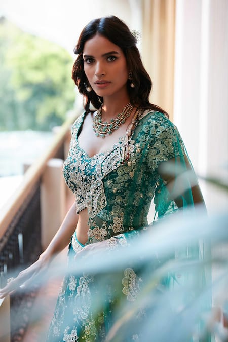 Shop_Osaa By Adarsh_Green Organza Silk V Neck Hand Embroidered Bridal Lehenga Set_Online_at_Aza_Fashions