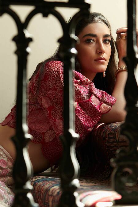 Osaa By Adarsh_Pink Tissue Kora Round Hand Embroidered Brocade Lehenga Set_Online_at_Aza_Fashions