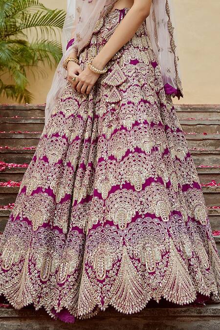 Buy_Osaa By Adarsh_Purple Mulberry V Neck Embroidered Bridal Lehenga Set_Online_at_Aza_Fashions