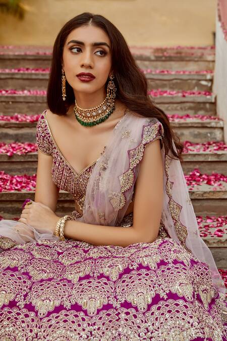 Shop_Osaa By Adarsh_Purple Mulberry V Neck Embroidered Bridal Lehenga Set_Online_at_Aza_Fashions