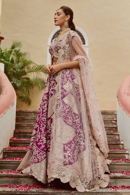 Buy_Osaa By Adarsh_Purple Mulberry V Neck Embroidered Bridal Lehenga Set _Online_at_Aza_Fashions
