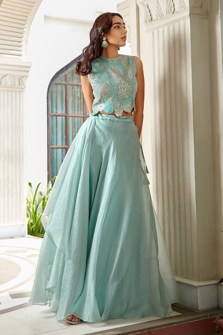 Buy Teal Blue Embroidered N Green Layered Lehenga Party Wear Online at Best  Price | Cbazaar