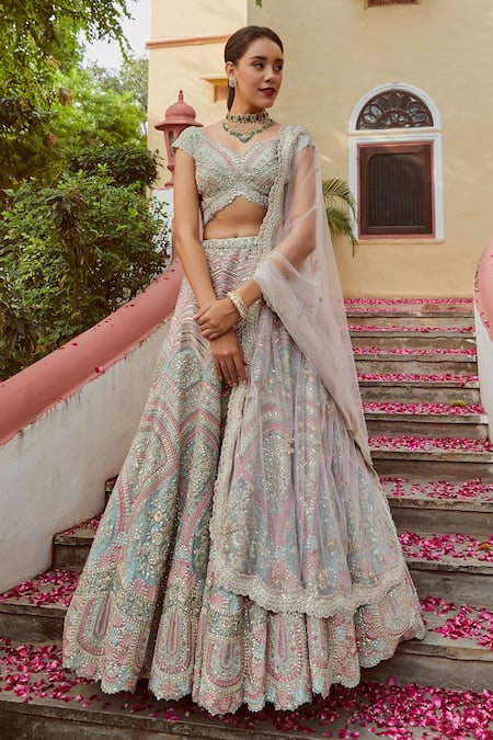 Osaa By Adarsh Green Organza V Neck Embroidered Bridal Lehenga Set