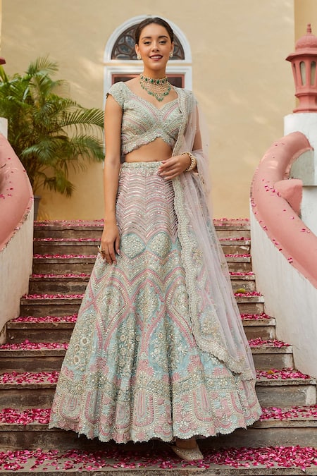 Shop Osaa By Adarsh Green Organza V Neck Embroidered Bridal Lehenga Set at Aza Fashions Shop_Osaa By Adarsh_Green Organza V Neck Embroidered Bridal Lehenga Set _at_Aza_Fashions