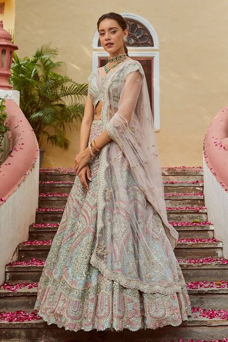 Osaa By Adarsh Green Organza V Neck Embroidered Bridal Lehenga Set Online at Aza Fashions Osaa By Adarsh_Green Organza V Neck Embroidered Bridal Lehenga Set _Online_at_Aza_Fashions