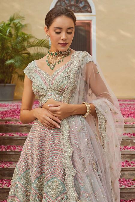 Osaa By Adarsh Green Organza V Neck Embroidered Bridal Lehenga Set at Aza Fashions Osaa By Adarsh_Green Organza V Neck Embroidered Bridal Lehenga Set _at_Aza_Fashions