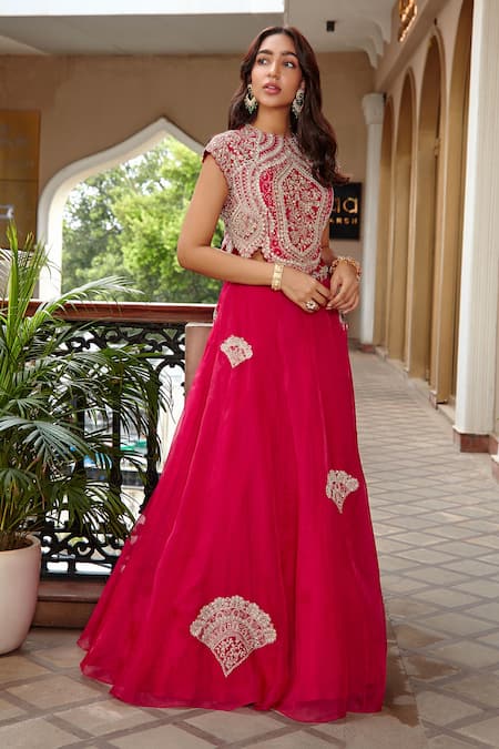 Osaa by Adarsh Pink Organza Embroidery Zardozi Round Lehenga Set  