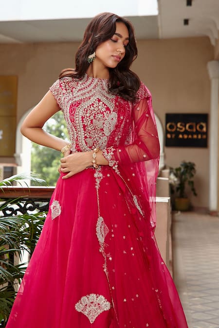 Shop_Osaa By Adarsh_Pink Organza Floral, Zardozi Round Embroidered Lehenga Set _at_Aza_Fashions