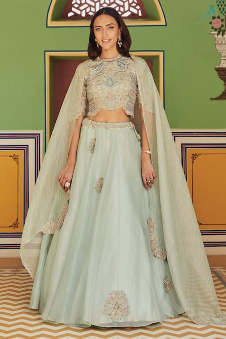 Osaa by Adarsh Green Organza Embroidery Round Lehenga Set 