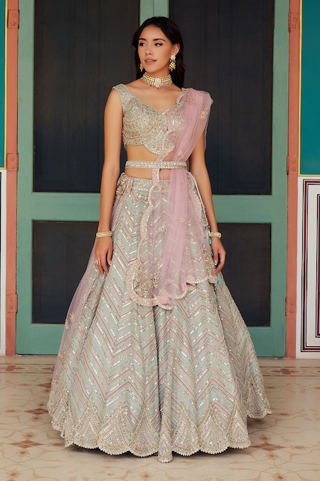 Buy Grey Organza Lining Shantoon Embroidery Sequin And Bridal Lehenga Set  For Women by Mirroir Online at Aza Fashions.