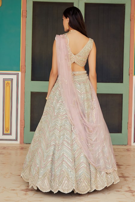 Shop Osaa By Adarsh Grey Tissue Kora Sweetheart Neck Embroidered Lehenga Set at Aza Fashions Shop_Osaa By Adarsh_Grey Tissue Kora Sweetheart Neck Embroidered Lehenga Set _at_Aza_Fashions