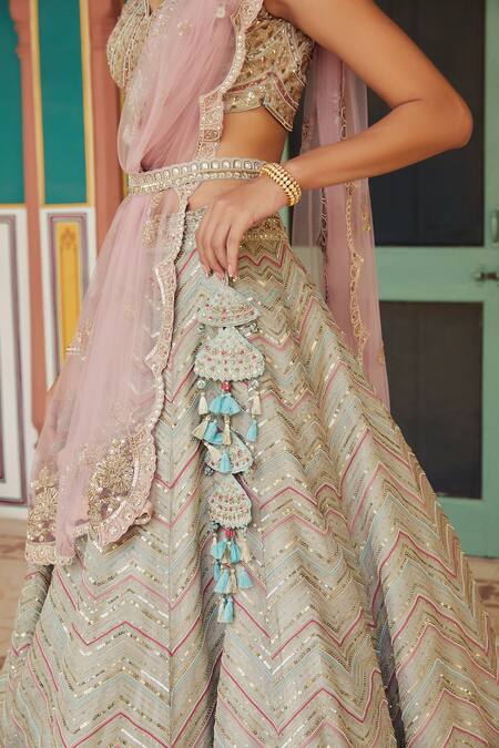 Shop Osaa By Adarsh Grey Tissue Kora Sweetheart Neck Embroidered Lehenga Set Online at Aza Fashions Shop_Osaa By Adarsh_Grey Tissue Kora Sweetheart Neck Embroidered Lehenga Set _Online_at_Aza_Fashions