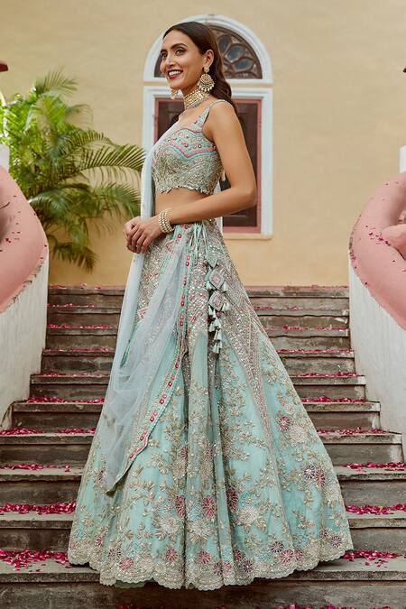 Osaa By Adarsh_Blue Tissue Organza Sweetheart Neck Embroidered Bridal Lehenga Set_Online_at_Aza_Fashions