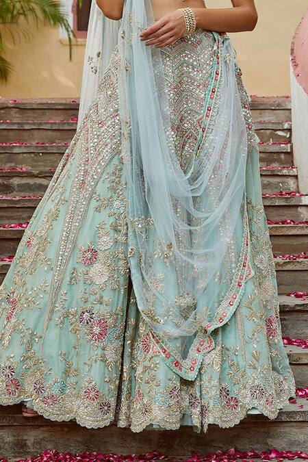 Shop_Osaa By Adarsh_Blue Tissue Organza Sweetheart Neck Embroidered Bridal Lehenga Set_Online_at_Aza_Fashions