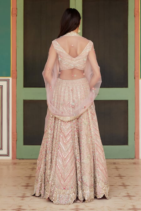 Shop Osaa By Adarsh Pink Tissue Organza V Neck Embroidered Bridal Lehenga Set at Aza Fashions Shop_Osaa By Adarsh_Pink Tissue Organza V Neck Embroidered Bridal Lehenga Set _at_Aza_Fashions
