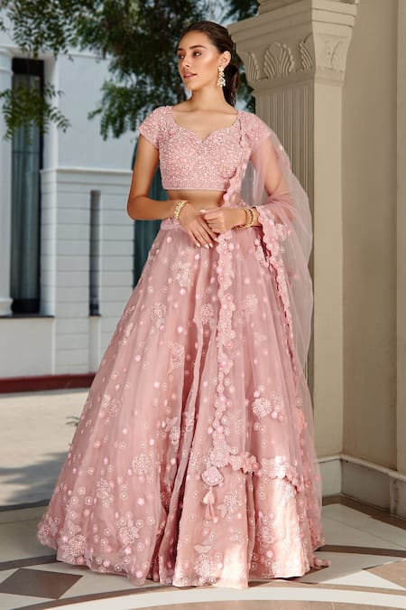 Osaa By Adarsh_Purple Organza Floral, Sequin Leaf Neck Embroidered Bridal Lehenga Set_Online_at_Aza_Fashions