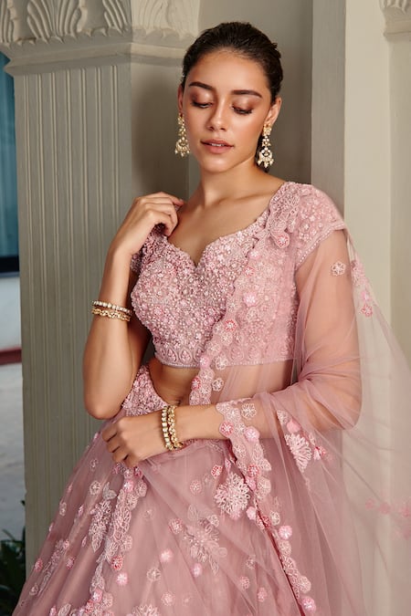 Buy_Osaa By Adarsh_Purple Organza Floral, Sequin Leaf Neck Embroidered Bridal Lehenga Set_Online_at_Aza_Fashions