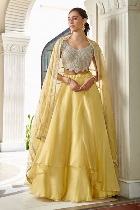 Yellow Net Tiered Flared Lehenga Set