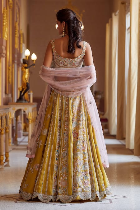 Osaa By Adarsh_Gold Organza French Knots In Floral Pattern, Embroidered Bridal Lehenga Set _Online_at_Aza_Fashions