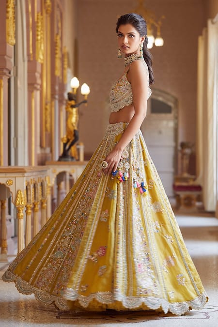 Buy_Osaa By Adarsh_Gold Organza French Knots In Floral Pattern, Embroidered Bridal Lehenga Set _Online_at_Aza_Fashions