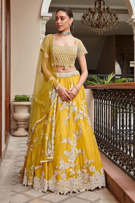 Buy Outstanding Yellow Soft Net Sequin And Zari Work Lehenga Choli