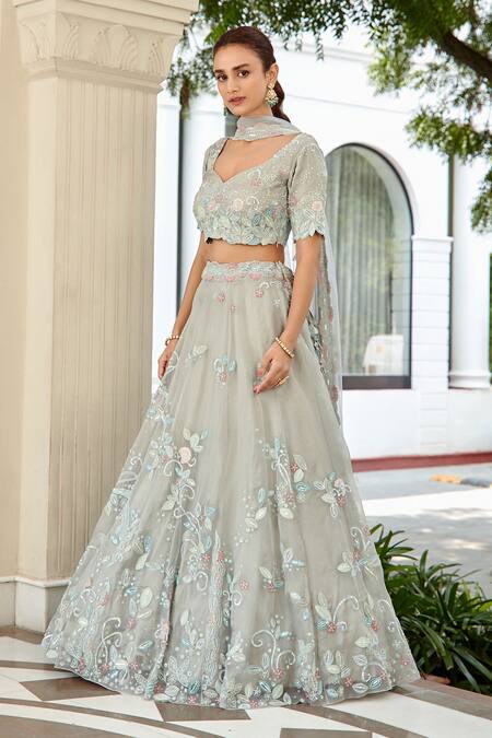 Osaa By Adarsh_Grey Organza Floral, Bead Leaf Neck Embroidered Bridal Lehenga Set_Online_at_Aza_Fashions
