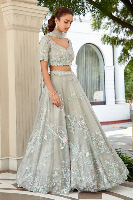 Buy_Osaa By Adarsh_Grey Organza Floral, Bead Leaf Neck Embroidered Bridal Lehenga Set_Online_at_Aza_Fashions