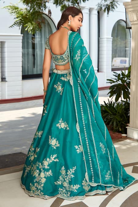 Shop_Osaa By Adarsh_Green Mulberry Silk Floral Leaf Neck Embroidered Bridal Lehenga Set _at_Aza_Fashions