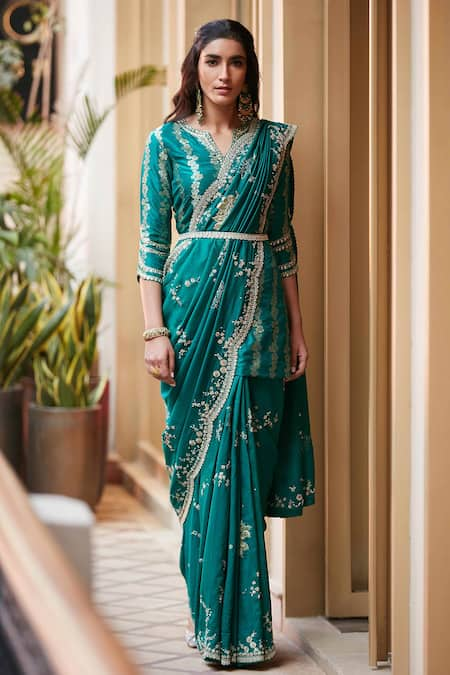 Osaa by Adarsh Green Muga Silk Notched Embroidered Saree With Blouse  