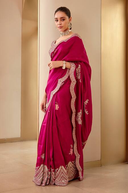 Buy_Osaa By Adarsh_Purple Mulberry Silk Floral, Scallop, Sequin Leaf Embroidered Saree With Blouse_Online_at_Aza_Fashions