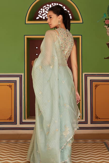 Shop_Osaa by Adarsh_Green Organza Embroidery Round Saree With Blouse  _at_Aza_Fashions