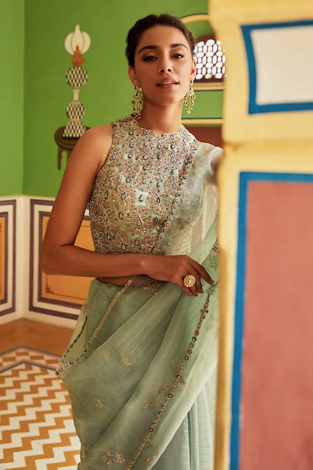 Buy_Osaa by Adarsh_Green Organza Embroidery Round Saree With Blouse  _Online_at_Aza_Fashions