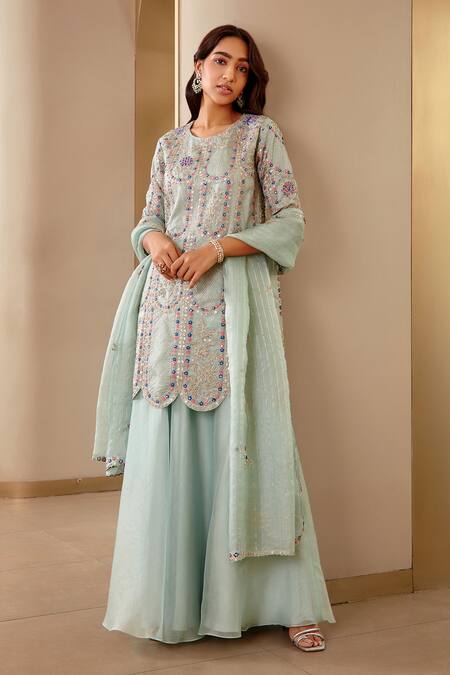 Shop Osaa By Adarsh Blue Tissue Sequin And Thread, Aari, Zardozi Floral Embroidered Kurta Lehenga Set at Aza Fashions Shop_Osaa By Adarsh_Blue Tissue Sequin And Thread, Aari, Zardozi Floral Embroidered Kurta Lehenga Set_at_Aza_Fashions