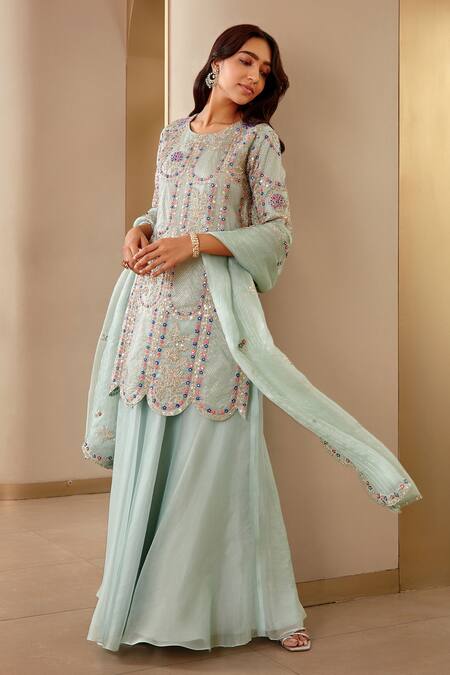 Osaa By Adarsh Blue Tissue Sequin And Thread, Aari, Zardozi Floral Embroidered Kurta Lehenga Set Online at Aza Fashions Osaa By Adarsh_Blue Tissue Sequin And Thread, Aari, Zardozi Floral Embroidered Kurta Lehenga Set_Online_at_Aza_Fashions