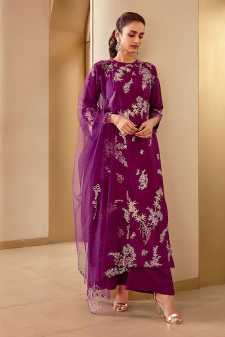Osaa By Adarsh_Purple Mulberry Silk Thread And Sequin, Floral Embroidered Kurta Palazzo Set _Online_at_Aza_Fashions