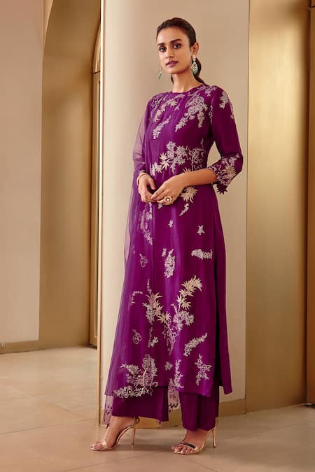 Buy_Osaa By Adarsh_Purple Mulberry Silk Thread And Sequin, Floral Embroidered Kurta Palazzo Set _Online_at_Aza_Fashions
