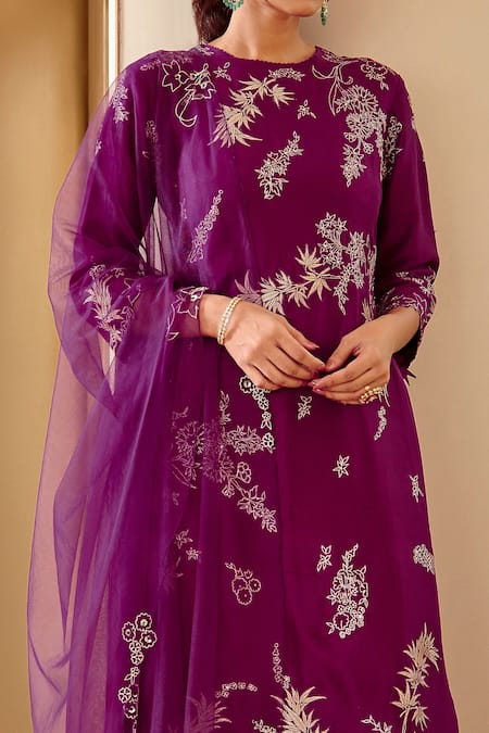 Shop_Osaa By Adarsh_Purple Mulberry Silk Thread And Sequin, Floral Embroidered Kurta Palazzo Set _Online_at_Aza_Fashions