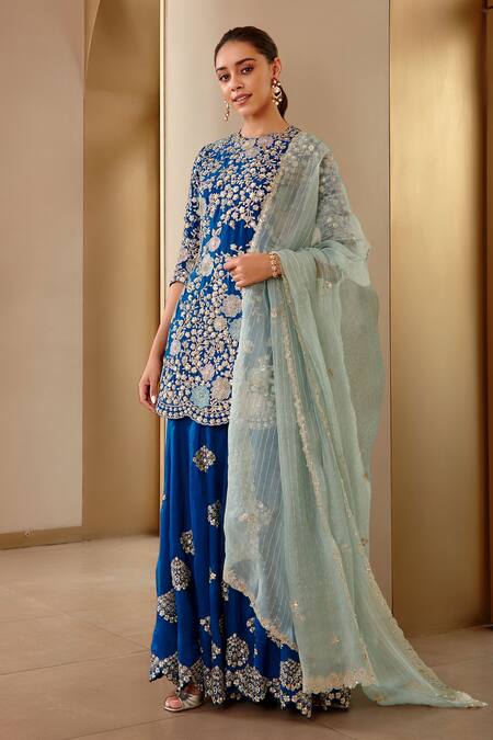 Osaa By Adarsh Blue Mulberry Silk Thread And Sequin, Floral Embroidered Kurta Sharara Set Online at Aza Fashions Osaa By Adarsh_Blue Mulberry Silk Thread And Sequin, Floral Embroidered Kurta Sharara Set _Online_at_Aza_Fashions
