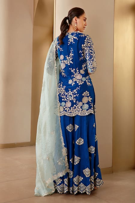 Shop Osaa By Adarsh Blue Mulberry Silk Thread And Sequin, Floral Embroidered Kurta Sharara Set at Aza Fashions Shop_Osaa By Adarsh_Blue Mulberry Silk Thread And Sequin, Floral Embroidered Kurta Sharara Set _at_Aza_Fashions