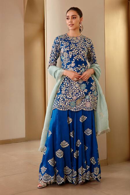 Shop Osaa By Adarsh Blue Mulberry Silk Thread And Sequin, Floral Embroidered Kurta Sharara Set Online at Aza Fashions Shop_Osaa By Adarsh_Blue Mulberry Silk Thread And Sequin, Floral Embroidered Kurta Sharara Set _Online_at_Aza_Fashions