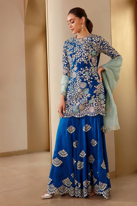 Osaa By Adarsh Blue Mulberry Silk Thread And Sequin, Floral Embroidered Kurta Sharara Set at Aza Fashions Osaa By Adarsh_Blue Mulberry Silk Thread And Sequin, Floral Embroidered Kurta Sharara Set _at_Aza_Fashions