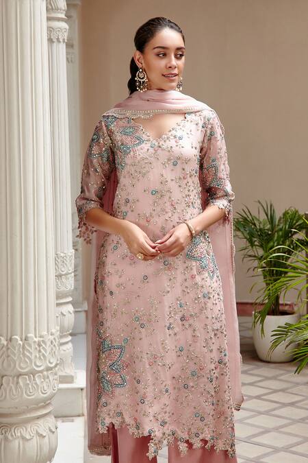 Buy_Osaa By Adarsh_Peach Organza Thread And Sequin V Neck Floral Embroidered Kurta Palazzo Set _Online_at_Aza_Fashions