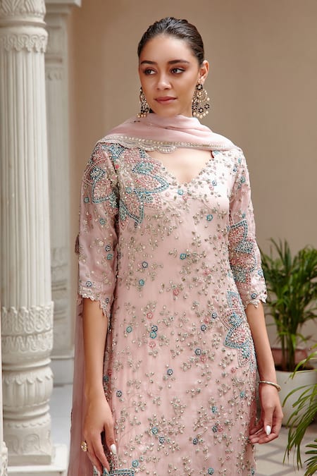 Shop_Osaa By Adarsh_Peach Organza Thread And Sequin V Neck Floral Embroidered Kurta Palazzo Set _Online_at_Aza_Fashions