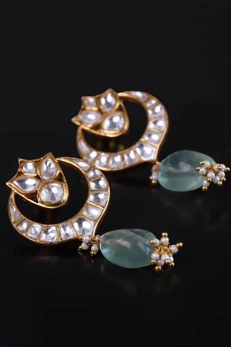 Shop_Osvag India_Gold Plated Diamonds, Stones Polki Embellished Chandbalis _at_Aza_Fashions