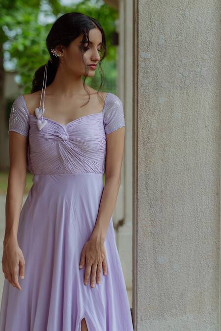 Pinup By Astha Purple Flat Chiffon Sequins Sweetheart Neck Otsana Slit Gown Online at Aza Fashions Pinup By Astha_Purple Flat Chiffon Sequins Sweetheart Neck Otsana Slit Gown _Online_at_Aza_Fashions