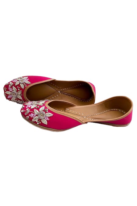 Shop_Kurrbat_Pink Outbloom Zardozi Embroidered Juttis _at_Aza_Fashions