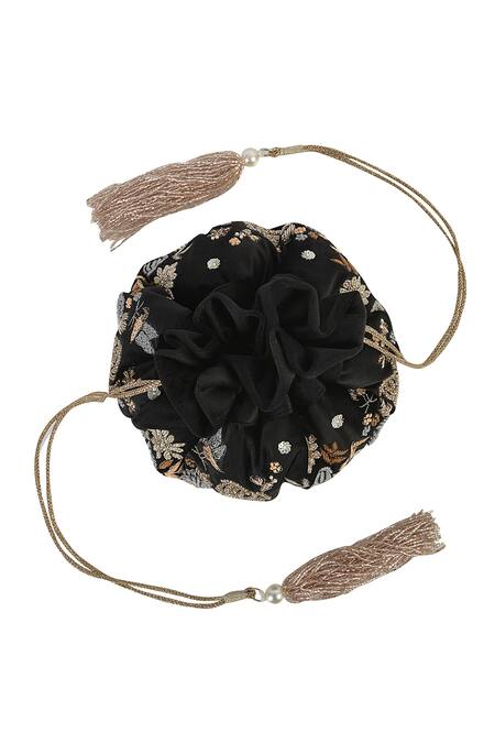 Ozel_Black Beads Velvet Embroidered Potli Bag_Online_at_Aza_Fashions